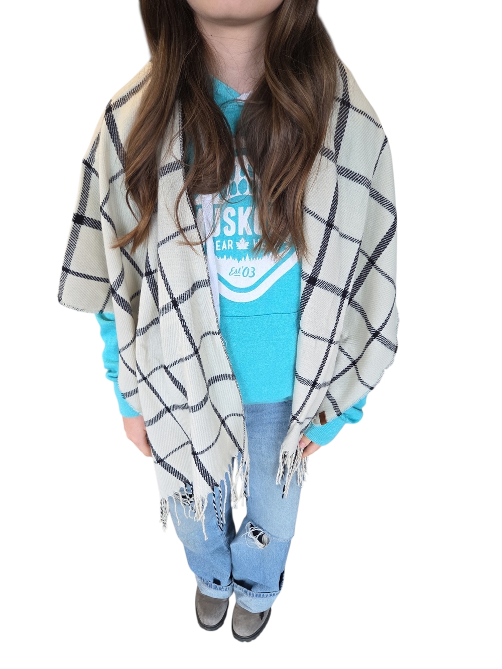 L&P Apparel Ivory Plaid Open-Front Fringe Shawl Poncho New With Tags